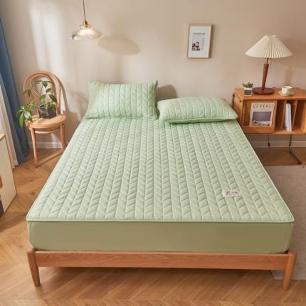 91家纺网 家纺一手货源 找家纺 卡伦 2025新款原棉大豆纤维夹棉床笠席梦思保护套 大麦纹水绿