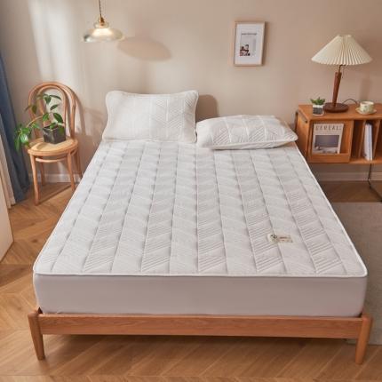 91家纺网 家纺一手货源 找家纺 卡伦 2025新款原棉大豆纤维夹棉床笠席梦思保护套 方块纹白色