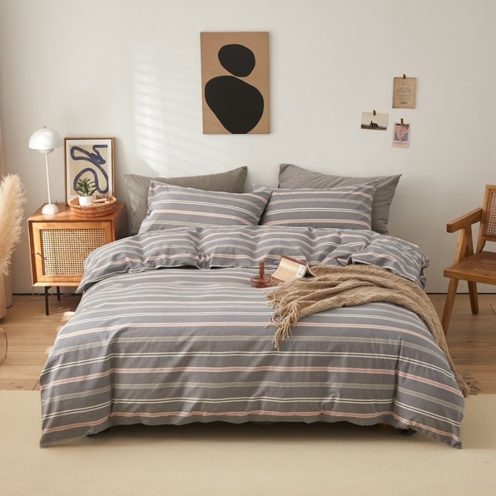 91家纺网 家纺一手货源 找家纺 水洗的故事 2022新款全棉色织水洗棉四件套系列 舒雅-灰