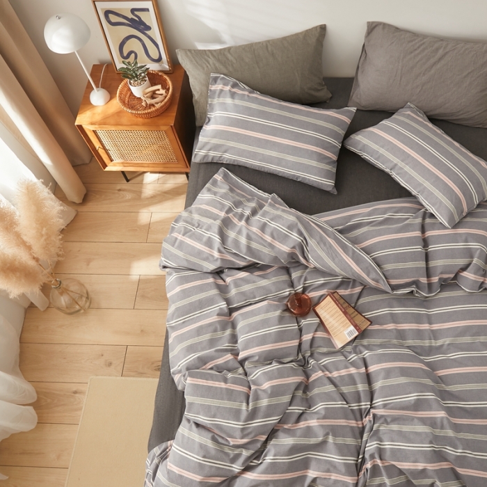 91家纺网 家纺一手货源 找家纺 水洗的故事 2022新款全棉色织水洗棉四件套系列 舒雅-灰