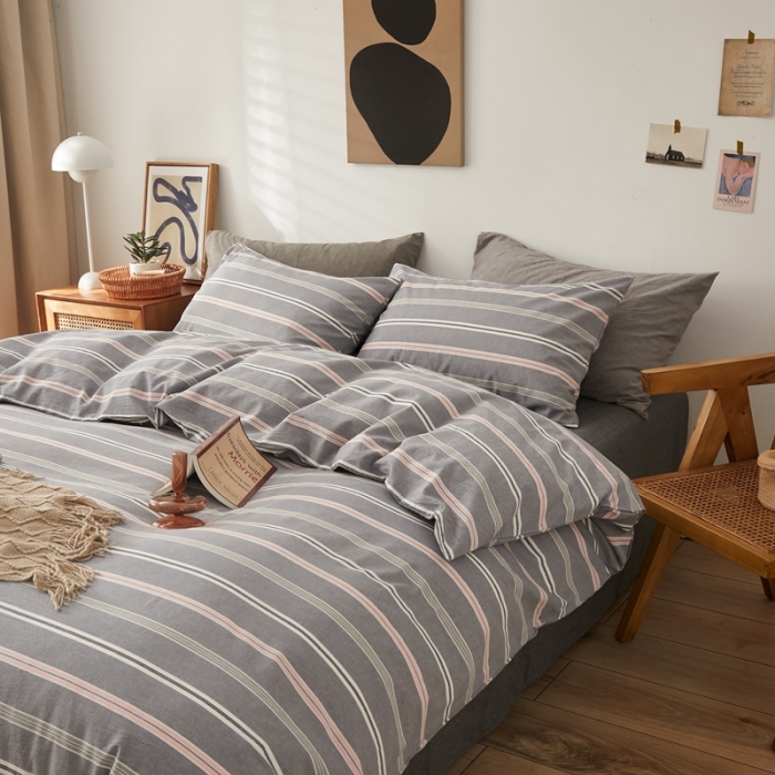 91家纺网 家纺一手货源 找家纺 水洗的故事 2022新款全棉色织水洗棉四件套系列 舒雅-灰