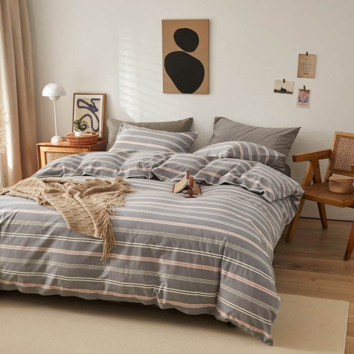 91家纺网 家纺一手货源 找家纺 水洗的故事 2022新款全棉色织水洗棉四件套系列 舒雅-灰