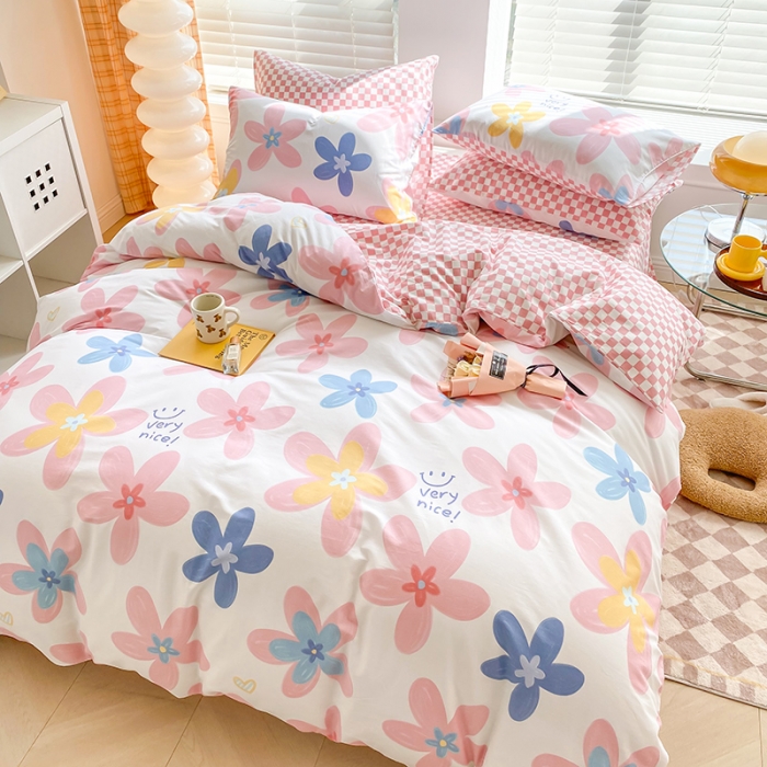 91家纺网 家纺一手货源 找家纺 2022年新13070全棉纯棉印花纽扣款四件套直播 后花园粉