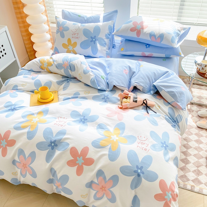 91家纺网 家纺一手货源 找家纺 2022年13070全棉纯棉印花纽扣款四件套直播 后花园蓝