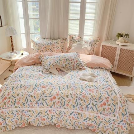 眠屿 2022新款全棉小碎花法式花边四件套 春华秋实