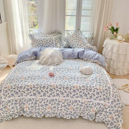 91家纺网 家纺一手货源 找家纺 眠屿 2022新款全棉小碎花法式花边四件套 菲菲兔