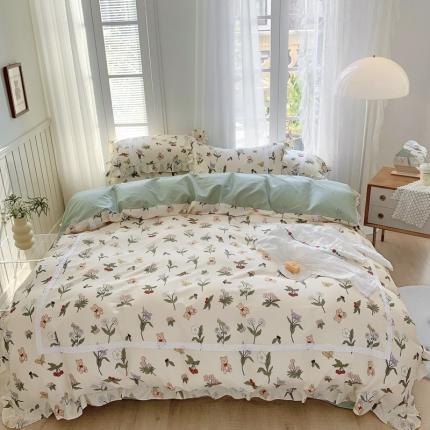 91家纺网 家纺一手货源 找家纺 眠屿 2022新款全棉小碎花法式花边四件套 花丛间