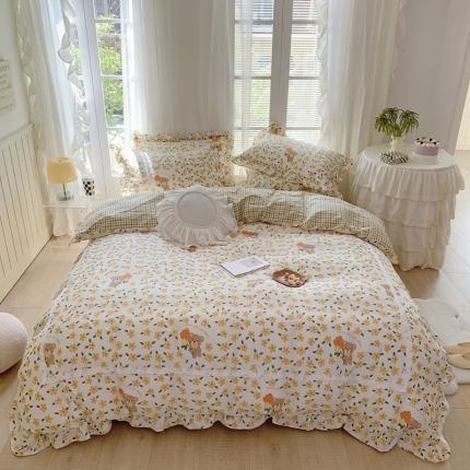 眠屿 2022新款全棉小碎花法式花边四件套 捧花熊