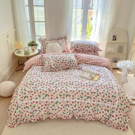 91家纺网 家纺一手货源 找家纺 眠屿 2022新款全棉小碎花法式花边四件套 甜趣草莓