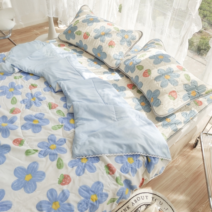 91家纺网 家纺一手货源 找家纺 慕尚 2025新款乳胶凉席水洗棉夏被三件套四件套 幸运花