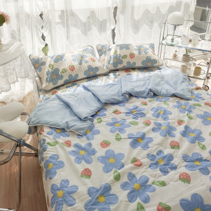 91家纺网 家纺一手货源 找家纺 慕尚 2025新款乳胶凉席水洗棉夏被三件套四件套 幸运花