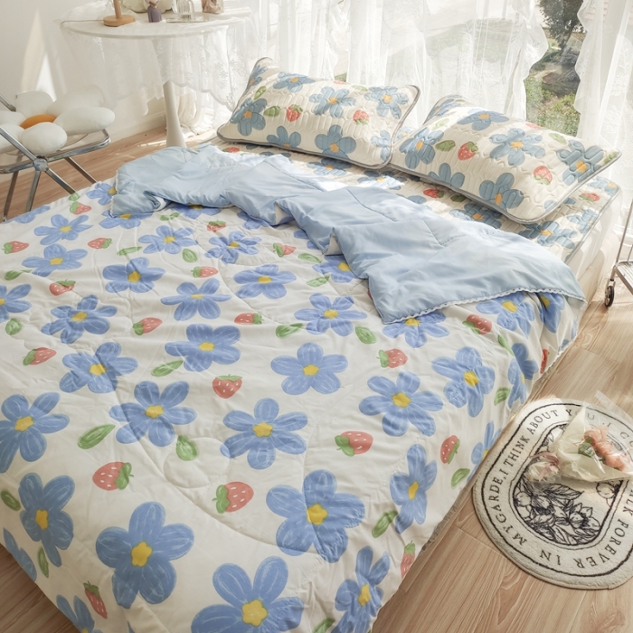 91家纺网 家纺一手货源 找家纺 慕尚 2025新款乳胶凉席水洗棉夏被三件套四件套 幸运花