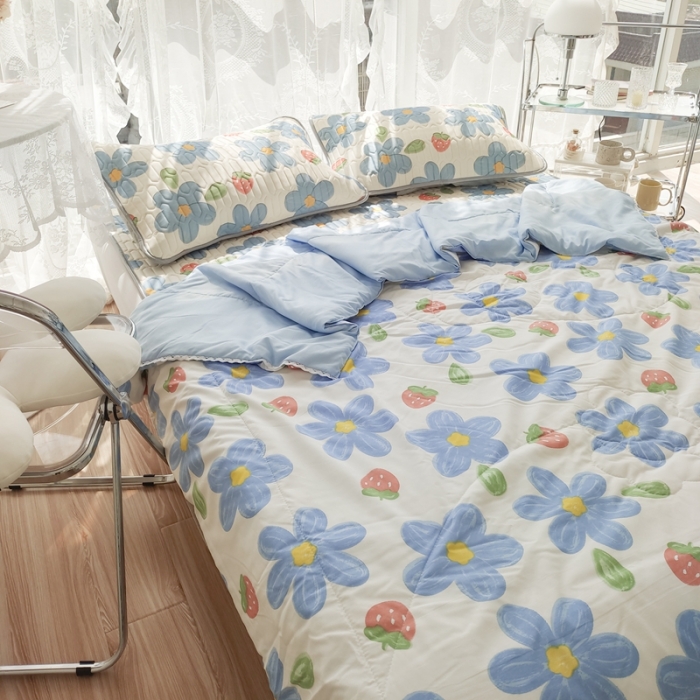 91家纺网 家纺一手货源 找家纺 慕尚 2025新款乳胶凉席水洗棉夏被三件套四件套 幸运花