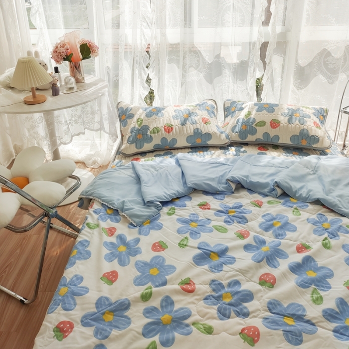 91家纺网 家纺一手货源 找家纺 慕尚 2025新款乳胶凉席水洗棉夏被三件套四件套 幸运花