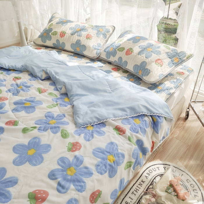 91家纺网 家纺一手货源 找家纺 慕尚 2025新款乳胶凉席水洗棉夏被三件套四件套 幸运花
