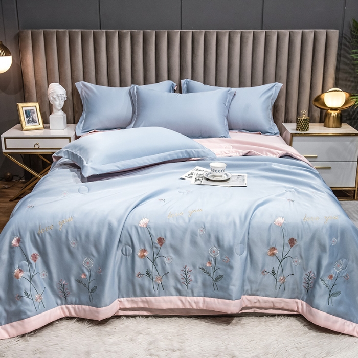 91家纺网 家纺一手货源 找家纺 澳梵 2022新款莫代尔绣花夏被四件套 蓝颜