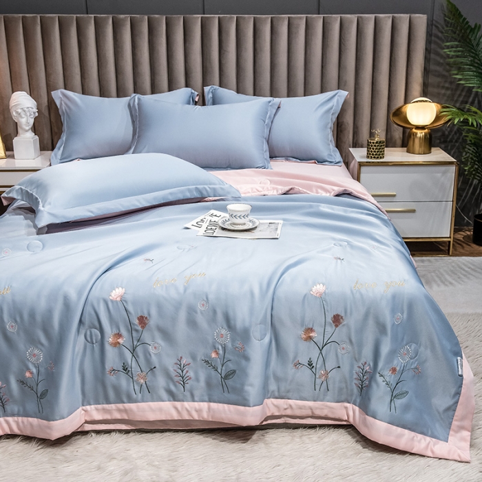 91家纺网 家纺一手货源 找家纺 澳梵 2022新款莫代尔绣花夏被四件套 蓝颜