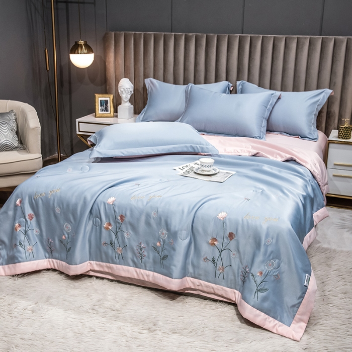 91家纺网 家纺一手货源 找家纺 澳梵 2022新款莫代尔绣花夏被四件套 蓝颜