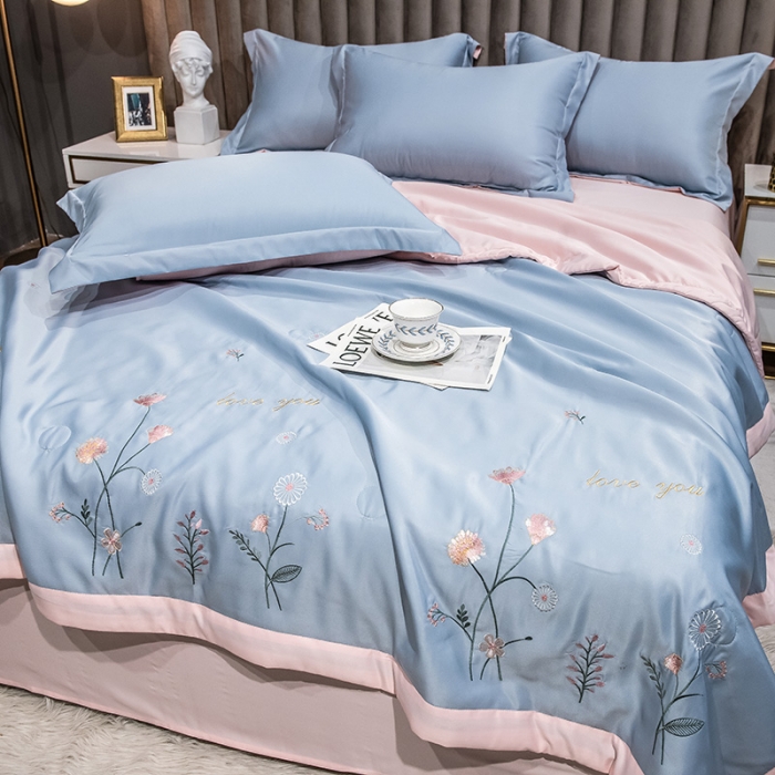 91家纺网 家纺一手货源 找家纺 澳梵 2022新款莫代尔绣花夏被四件套 蓝颜