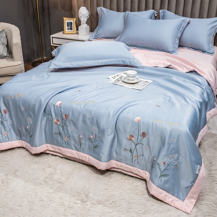 91家纺网 家纺一手货源 找家纺 澳梵 2022新款莫代尔绣花夏被四件套 蓝颜