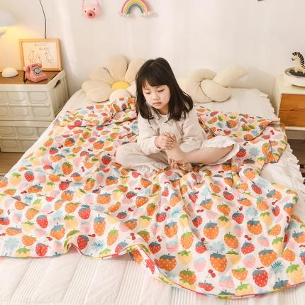 91家纺网 家纺一手货源 找家纺 十九色 2024新款华夫格纱全棉儿童夏凉被双层纱空调被草莓派