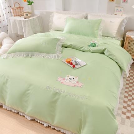 艾米家居 2025新款水洗真丝雪纺花边贴布绣四件套-达菲小熊 薄荷绿