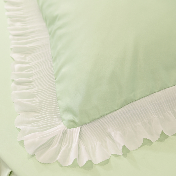 91家纺网 家纺一手货源 找家纺 艾米家居 2025新款水洗真丝雪纺花边贴布绣四件套-达菲小熊 薄荷绿