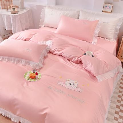 艾米家居 2025新款水洗真丝雪纺花边贴布绣四件套-达菲小熊 豆沙