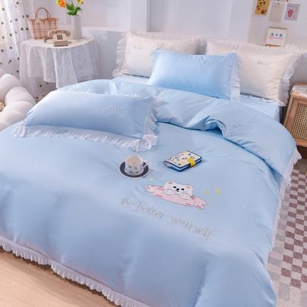 艾米家居 2025新款水洗真丝雪纺花边贴布绣四件套-达菲小熊 天蓝