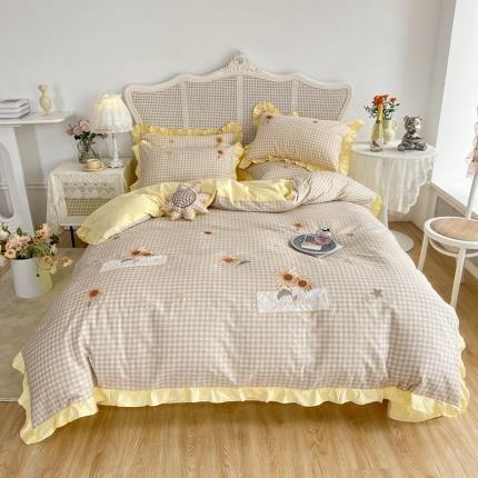 91家纺网 家纺一手货源 找家纺 子钦 2023新款40支全棉绣花荷叶边四件套-向日葵