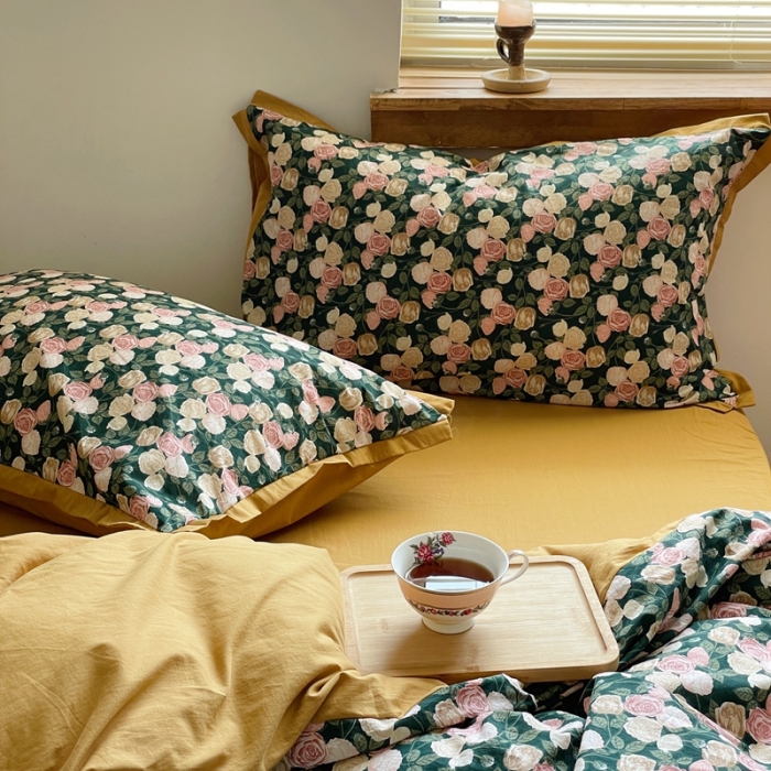 91家纺网 家纺一手货源 找家纺 梦享生活 2022新款小清新40支全棉水洗棉印花四件套 玫瑰