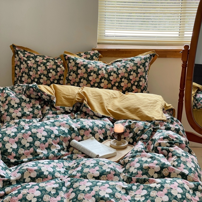 91家纺网 家纺一手货源 找家纺 梦享生活 2022新款小清新40支全棉水洗棉印花四件套 玫瑰