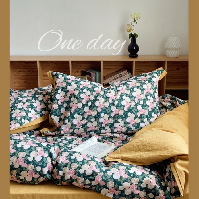 91家纺网 家纺一手货源 找家纺 梦享生活 2022新款小清新40支全棉水洗棉印花四件套 玫瑰