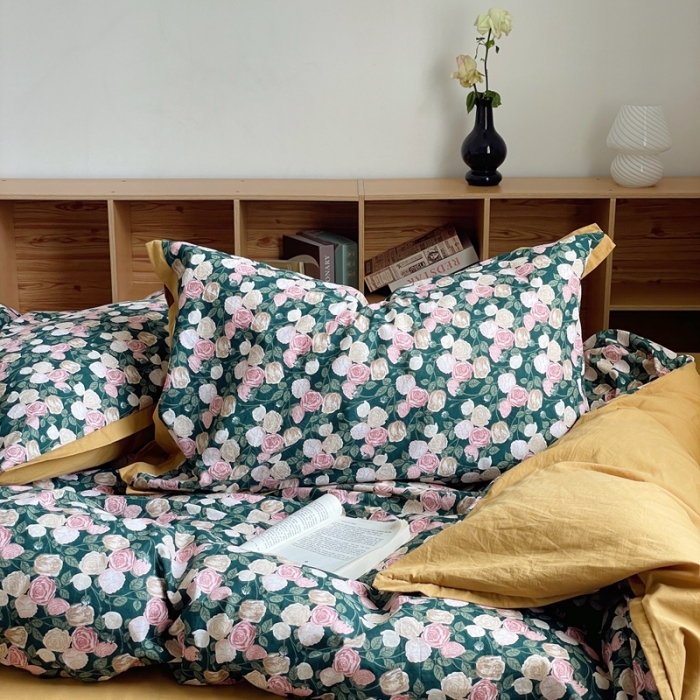 91家纺网 家纺一手货源 找家纺 梦享生活 2022新款小清新40支全棉水洗棉印花四件套 玫瑰