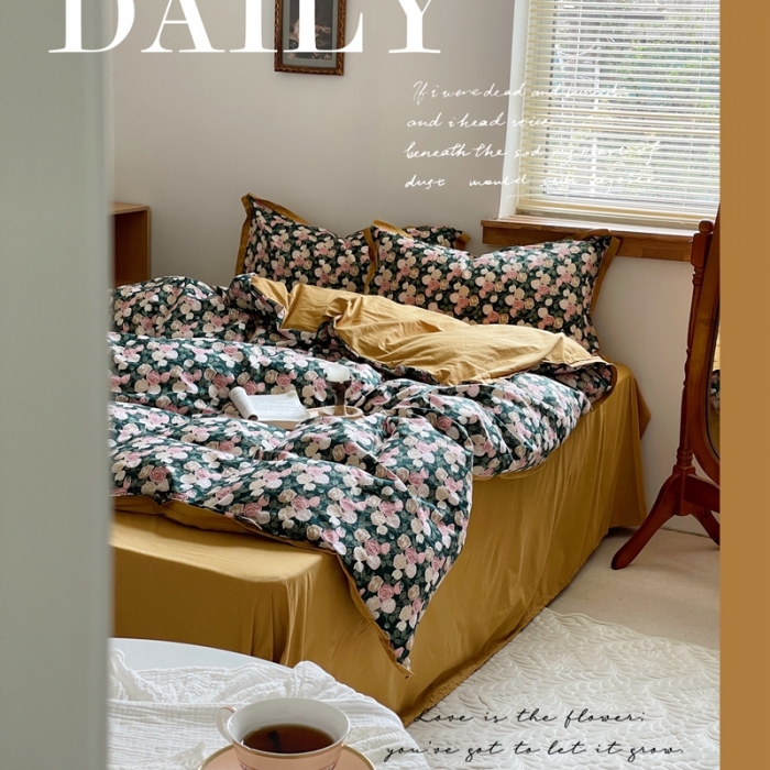 91家纺网 家纺一手货源 找家纺 梦享生活 2022新款小清新40支全棉水洗棉印花四件套 玫瑰