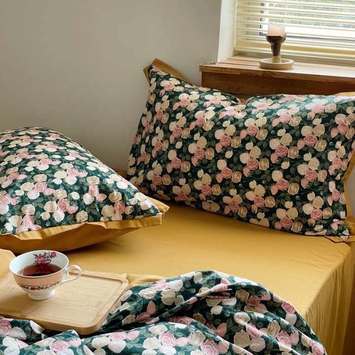 91家纺网 家纺一手货源 找家纺 梦享生活 2022新款小清新40支全棉水洗棉印花四件套 玫瑰