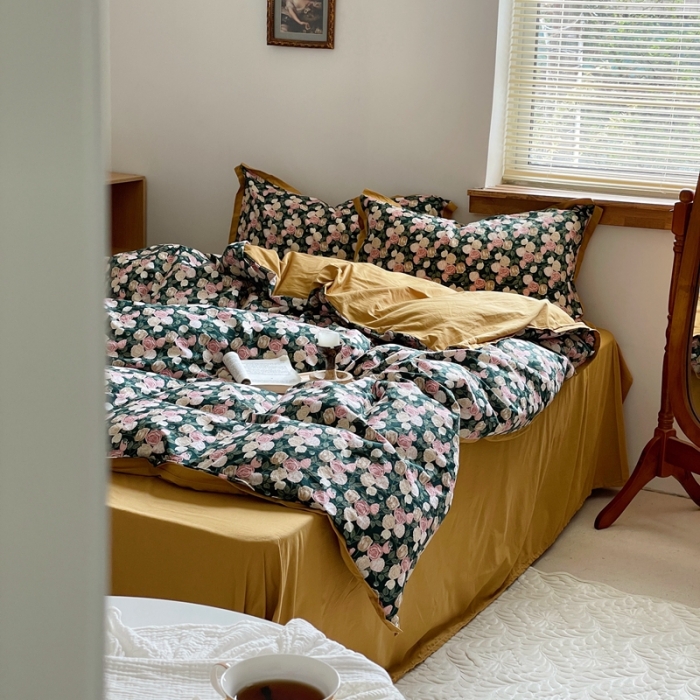 91家纺网 家纺一手货源 找家纺 梦享生活 2022新款小清新40支全棉水洗棉印花四件套 玫瑰