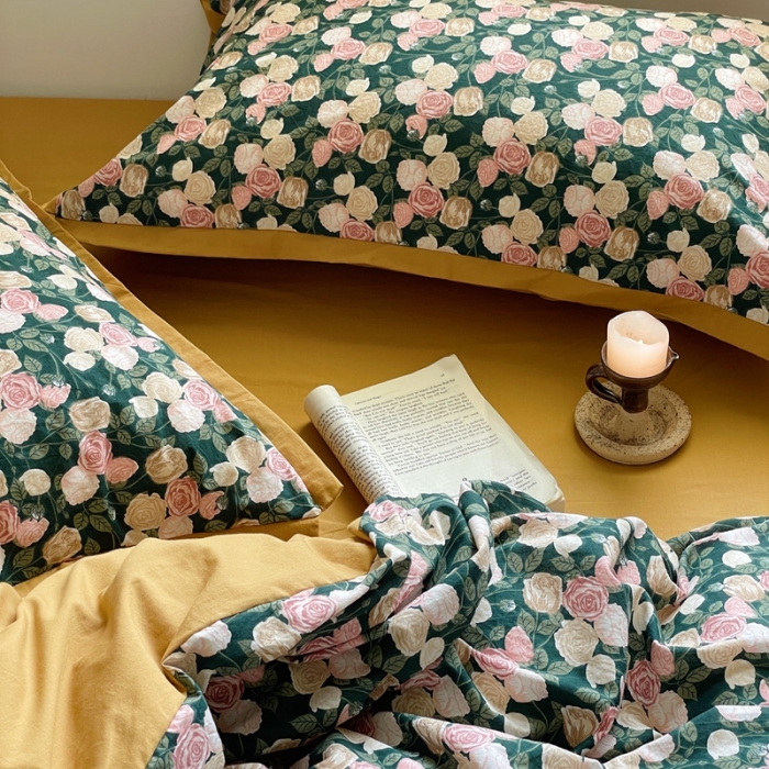 91家纺网 家纺一手货源 找家纺 梦享生活 2022新款小清新40支全棉水洗棉印花四件套 玫瑰