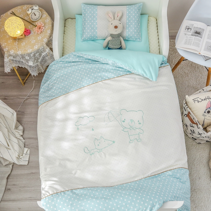 91家纺网 家纺一手货源 找家纺 喜多兔 2022新款简笔画幼儿园儿童床品套件 湖蓝色快乐出行