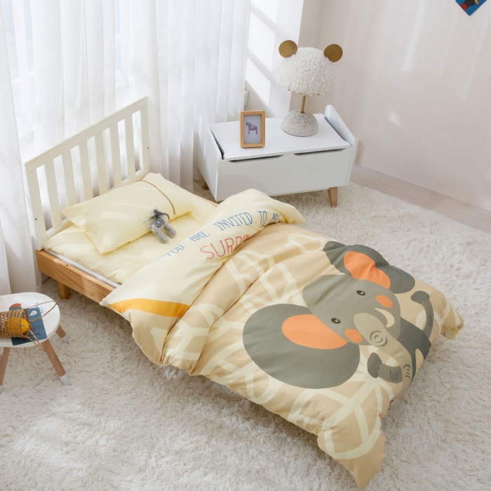 91家纺网 家纺一手货源 找家纺 喜多兔 2022新款全棉针织三件套床品套件-奇妙动物 黄色小象汤米