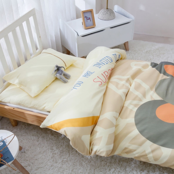 91家纺网 家纺一手货源 找家纺 喜多兔 2022新款全棉针织三件套床品套件-奇妙动物 黄色小象汤米