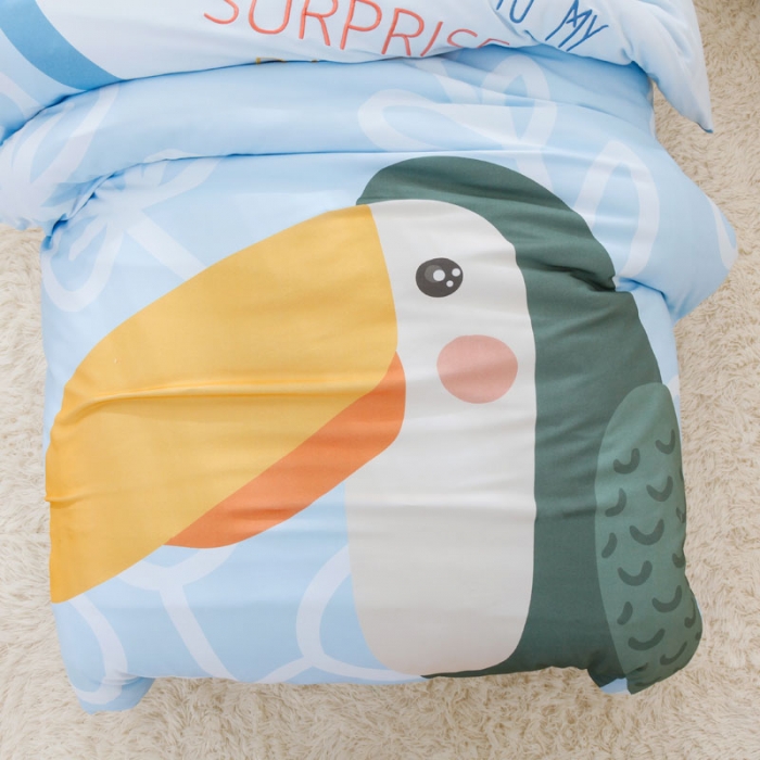 91家纺网 家纺一手货源 找家纺 喜多兔 2022新款全棉针织三件套床品套件-奇妙动物 蓝色大嘴鸟杰森