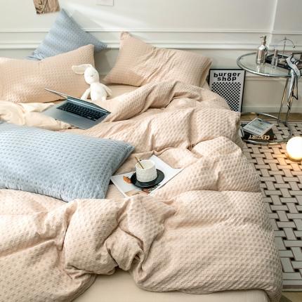 91家纺网 家纺一手货源 找家纺 网客家纺 2024新款全棉华夫格四件套 奶茶杏