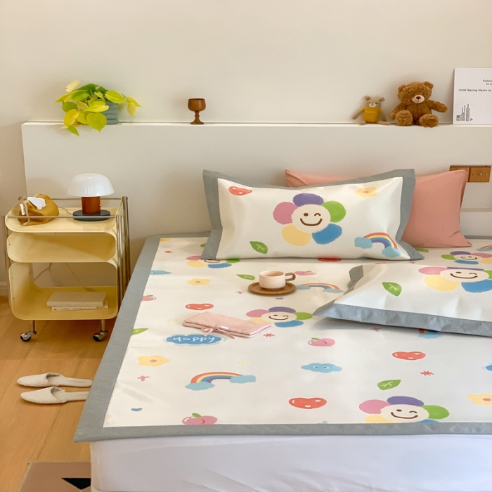 91家纺网 家纺一手货源 找家纺 三味舒屋 2025新款抗菌数码印花冰丝席套件 微笑彩虹