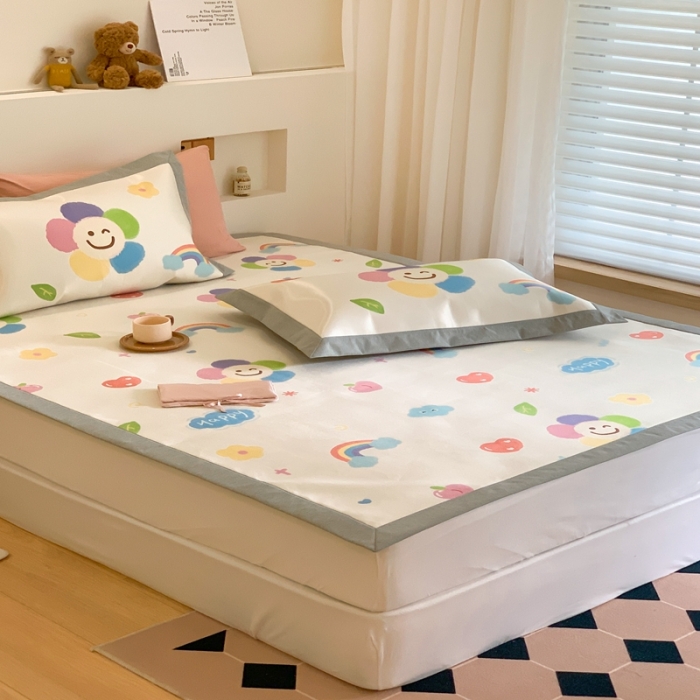 91家纺网 家纺一手货源 找家纺 三味舒屋 2025新款抗菌数码印花冰丝席套件 微笑彩虹