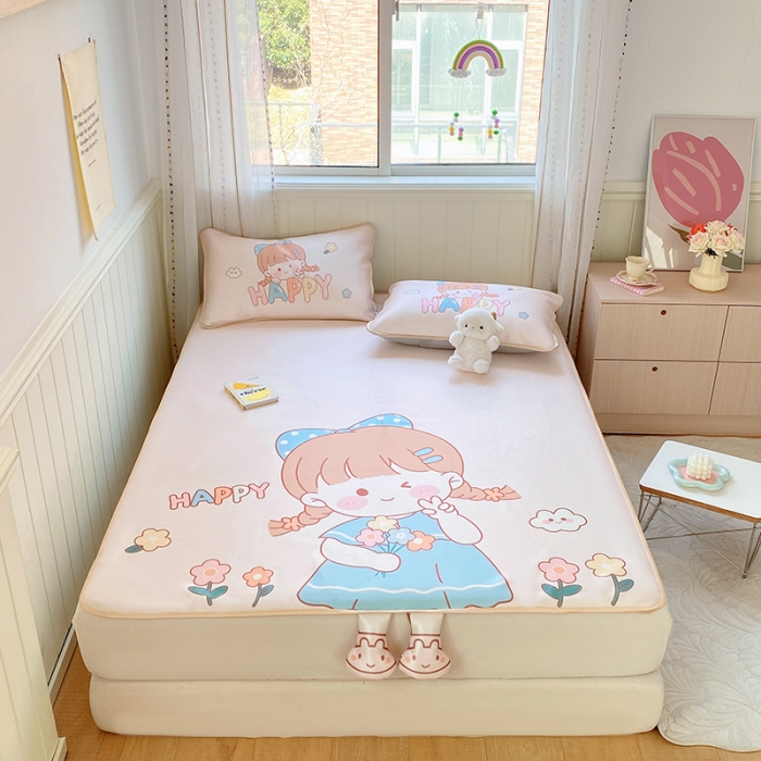 91家纺网 家纺一手货源 找家纺 慕尚 2025大版牛奶丝凉感丝工艺凉席三件套 洋气女孩