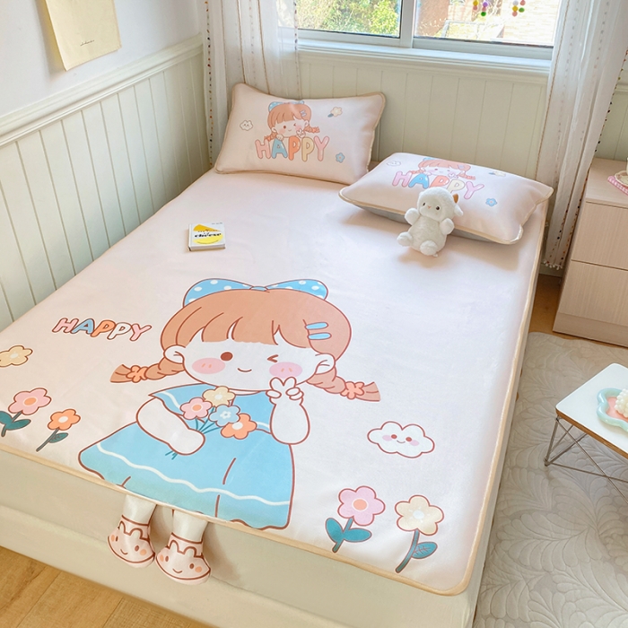 91家纺网 家纺一手货源 找家纺 慕尚 2025大版牛奶丝凉感丝工艺凉席三件套 洋气女孩