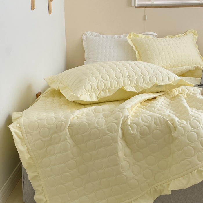 91家纺网 家纺一手货源 找家纺 六巷胡同 2023新款韩系ins波点绗缝床盖夏被四件套 黄波点