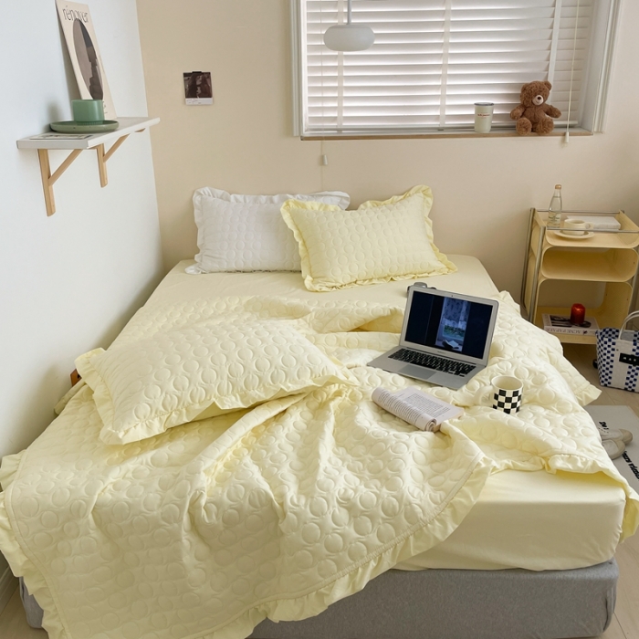 91家纺网 家纺一手货源 找家纺 六巷胡同 2023新款韩系ins波点绗缝床盖夏被四件套 黄波点