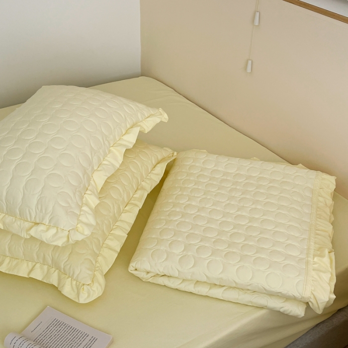 91家纺网 家纺一手货源 找家纺 六巷胡同 2023新款韩系ins波点绗缝床盖夏被四件套 黄波点